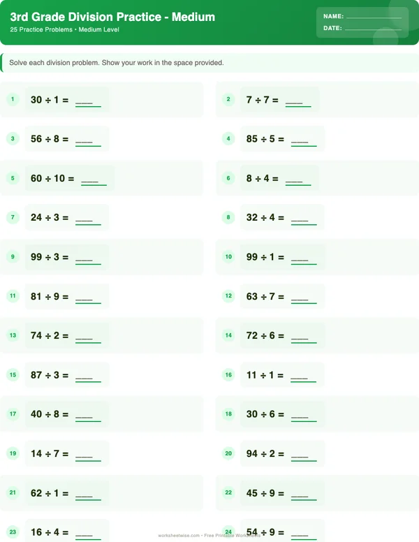 3rd Grade Division Worksheets - Dinosaur Theme (Medium)