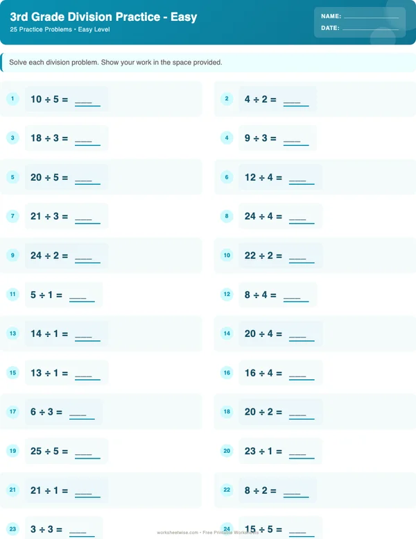 3rd Grade Division Worksheets - Ocean Theme (Easy)
