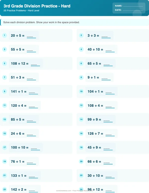 3rd Grade Division Worksheets - Ocean Theme (Hard)