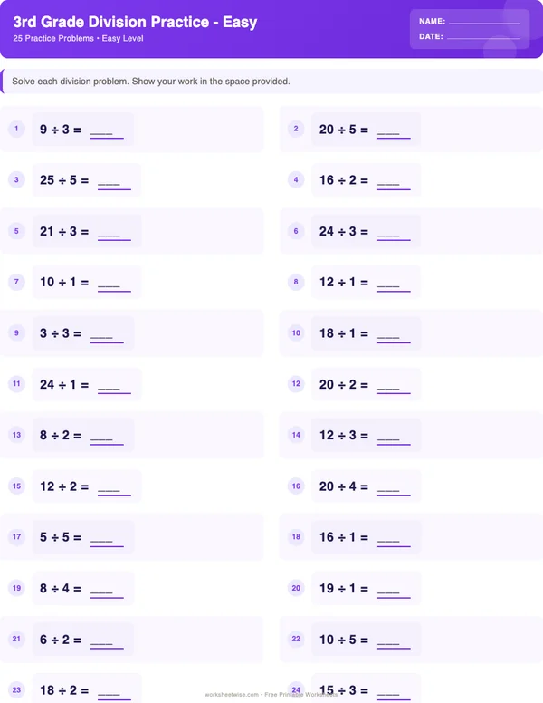 3rd Grade Division Worksheets - Space Theme (Easy)