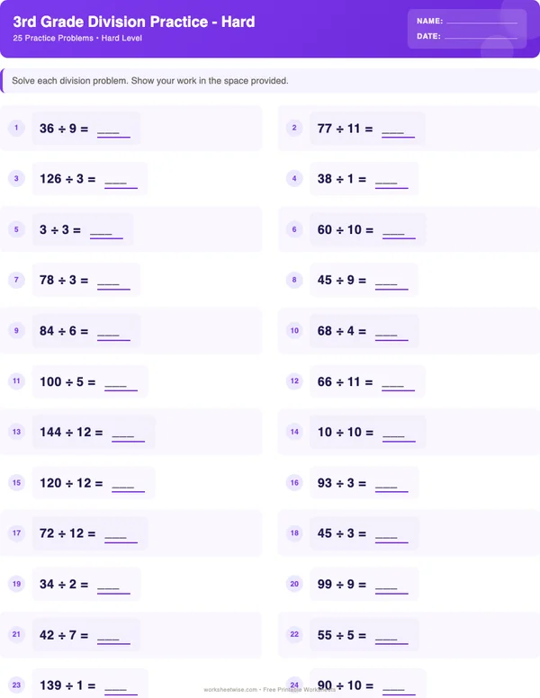 3rd Grade Division Worksheets - Space Theme (Hard)