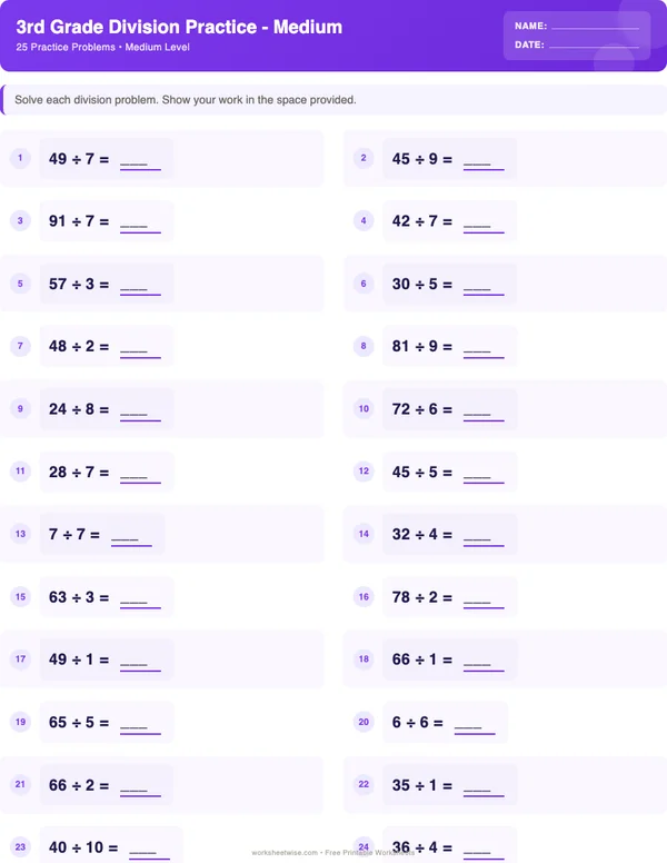 3rd Grade Division Worksheets - Space Theme (Medium)