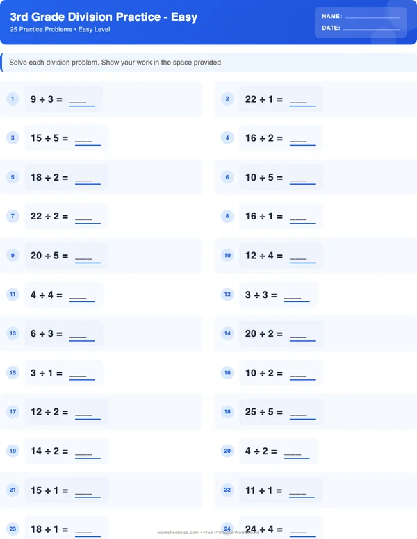 3rd Grade Division Worksheets - Standard Theme (Easy)