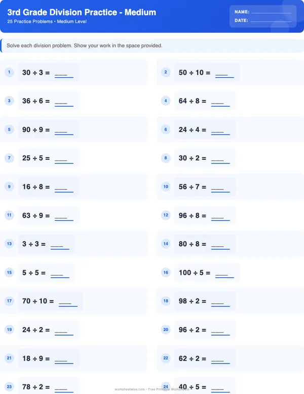 3rd Grade Division Worksheets - Standard Theme (Medium)
