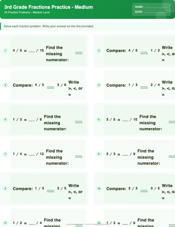 3rd Grade Fractions Worksheets - Dinosaur Theme (Medium)