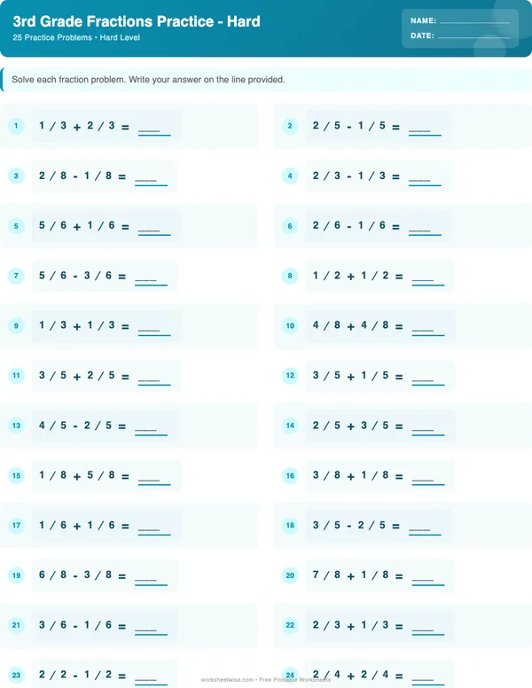 3rd Grade Fractions Worksheets - Ocean Theme (Hard)