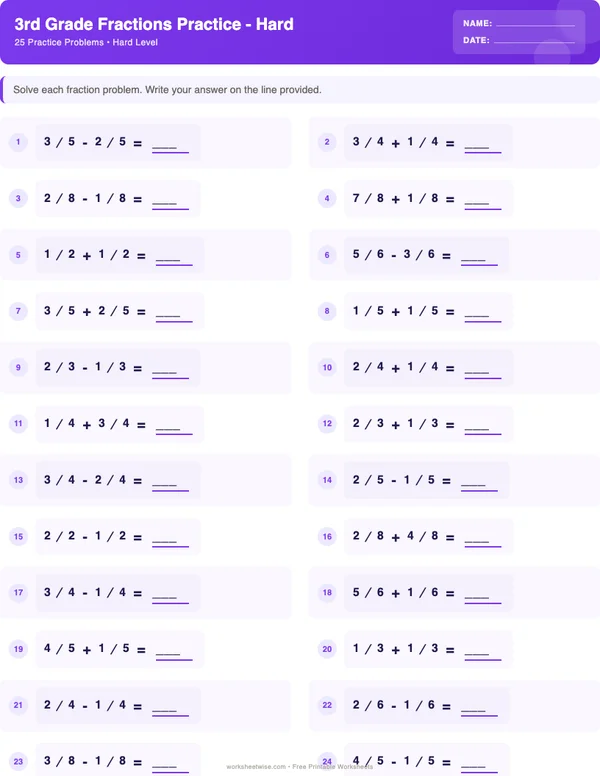 3rd Grade Fractions Worksheets - Space Theme (Hard)