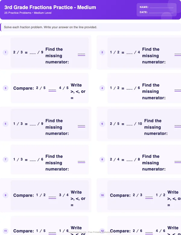 3rd Grade Fractions Worksheets - Space Theme (Medium)