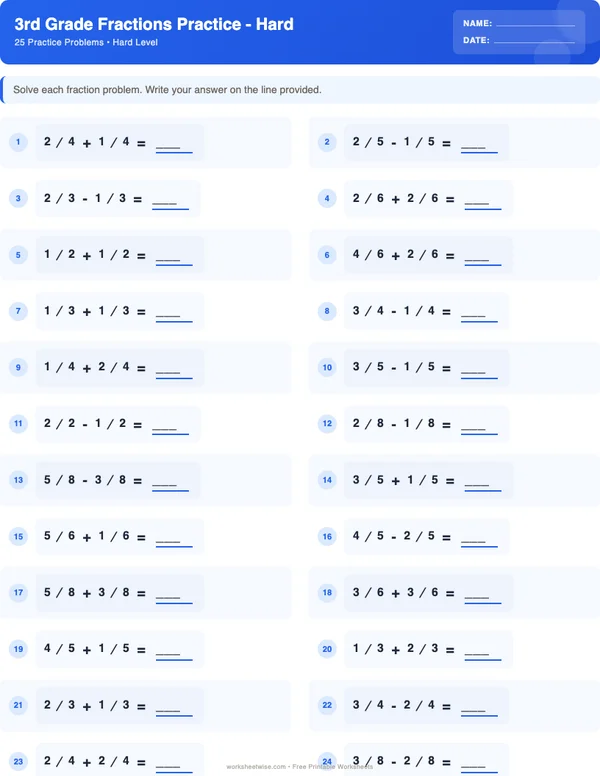 3rd Grade Fractions Worksheets - Standard Theme (Hard)