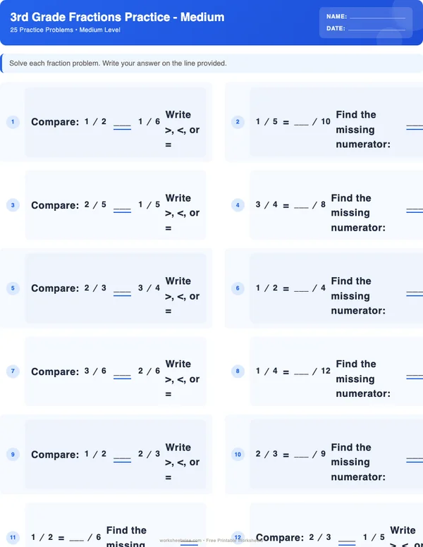 3rd Grade Fractions Worksheets - Standard Theme (Medium)