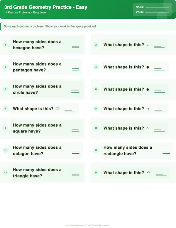 3rd Grade Geometry Worksheets - Dinosaur Theme (Easy)