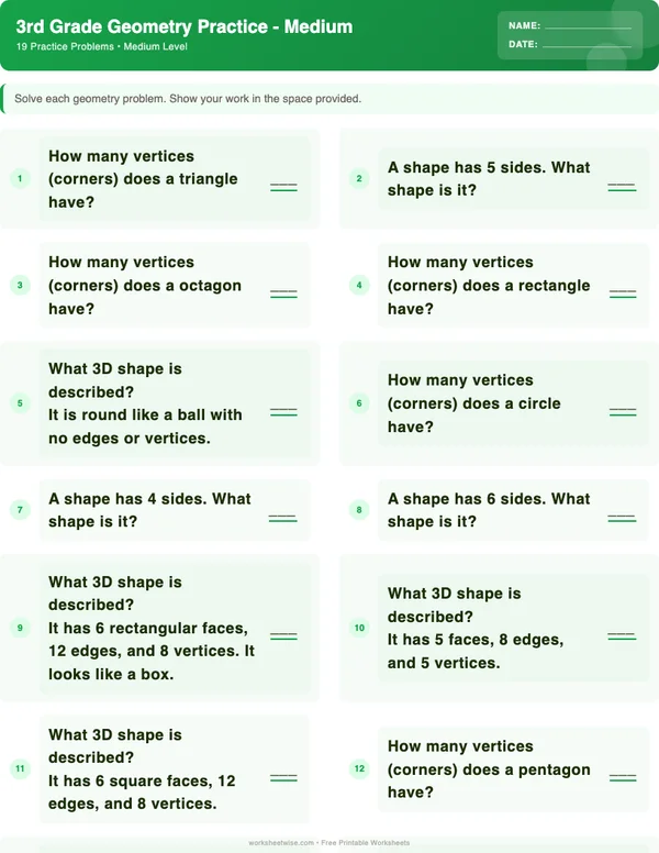 3rd Grade Geometry Worksheets - Dinosaur Theme (Medium)