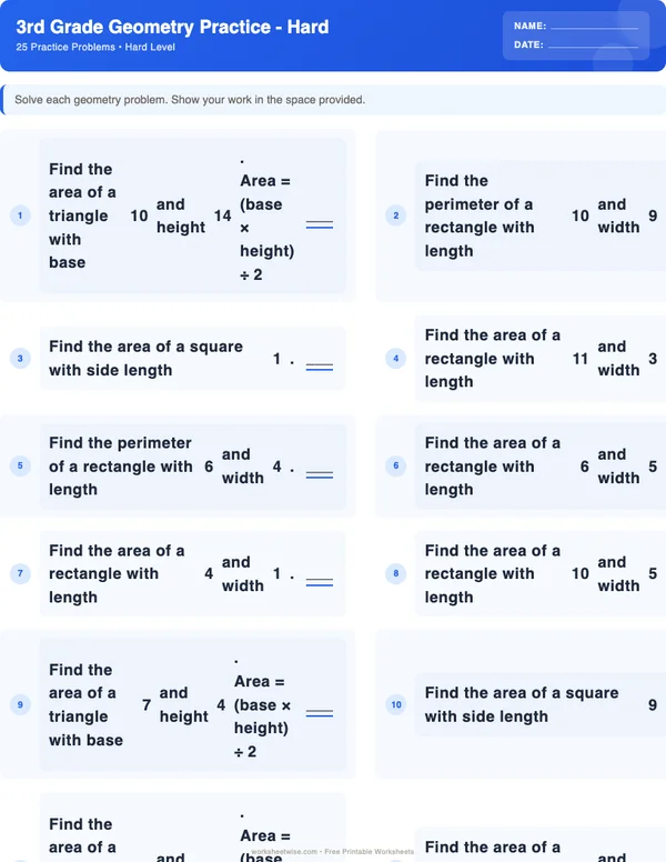 3rd Grade Geometry Worksheets - Standard Theme (Hard)