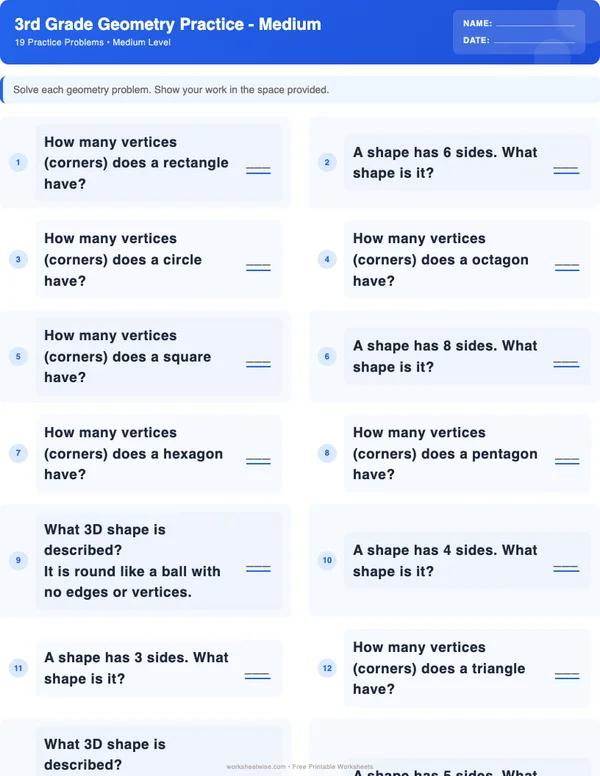 3rd Grade Geometry Worksheets - Standard Theme (Medium)