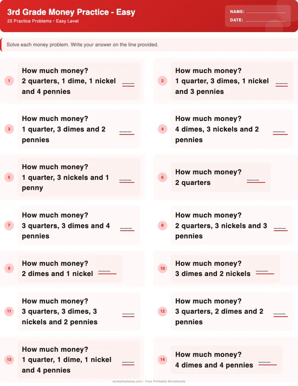 3rd Grade Money Worksheets - Christmas Theme (Easy)