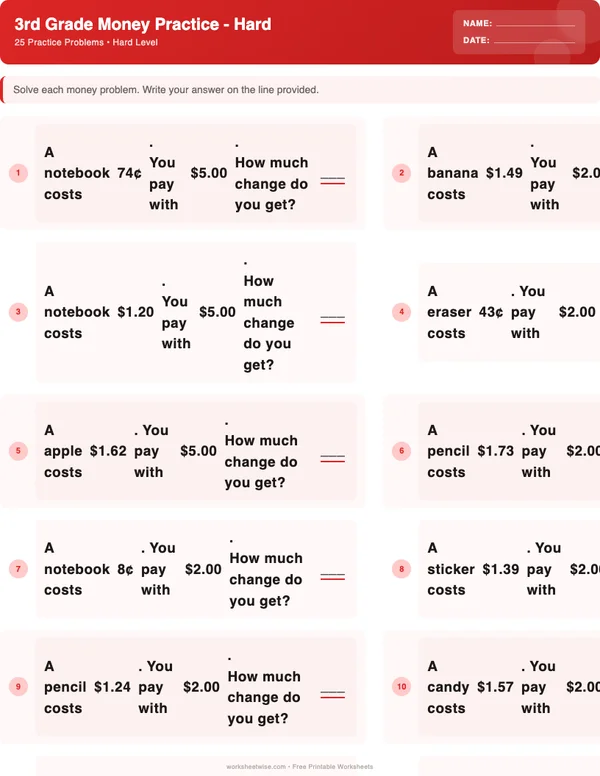 3rd Grade Money Worksheets - Christmas Theme (Hard)