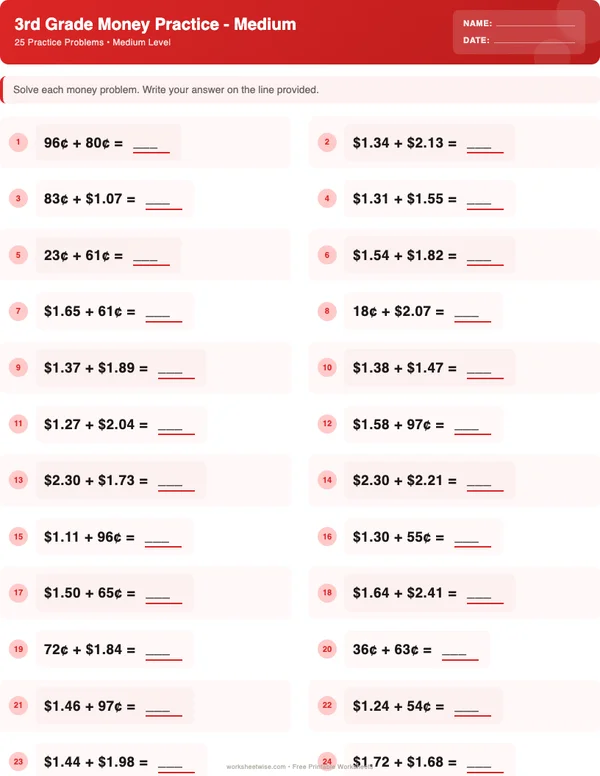 3rd Grade Money Worksheets - Christmas Theme (Medium)