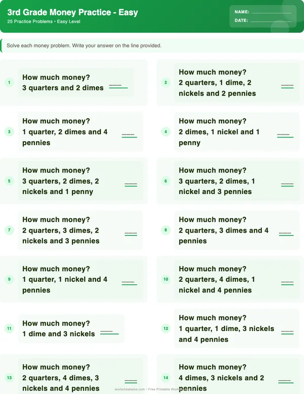 3rd Grade Money Worksheets - Dinosaur Theme (Easy)