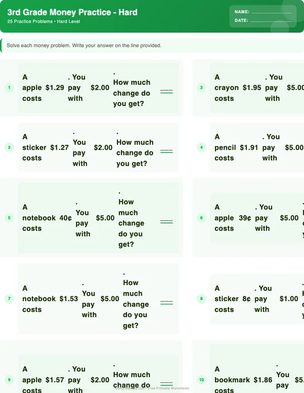 3rd Grade Money Worksheets - Dinosaur Theme (Hard)
