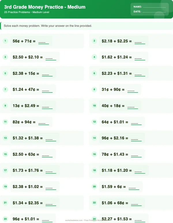 3rd Grade Money Worksheets - Dinosaur Theme (Medium)