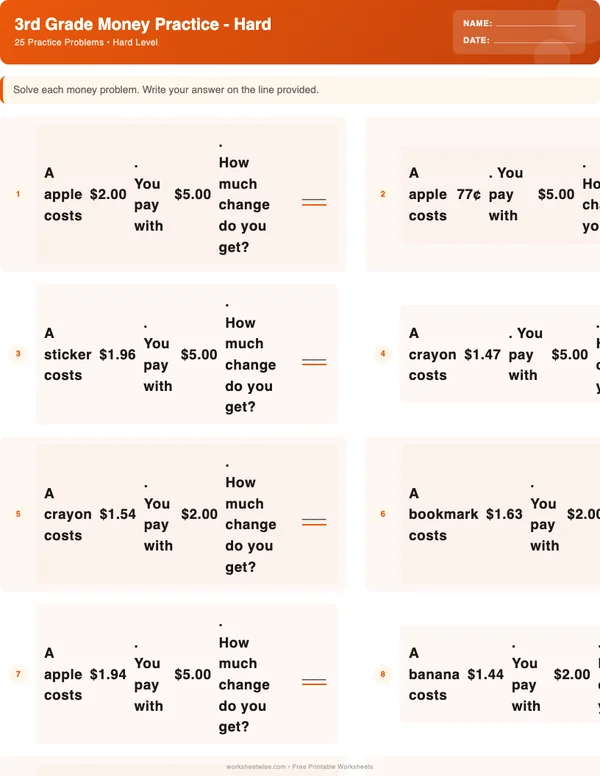 3rd Grade Money Worksheets - Halloween Theme (Hard)