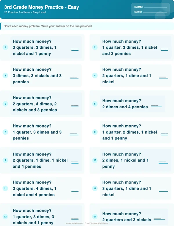 3rd Grade Money Worksheets - Ocean Theme (Easy)