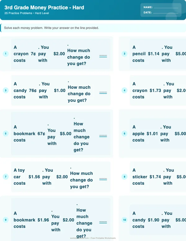 3rd Grade Money Worksheets - Ocean Theme (Hard)
