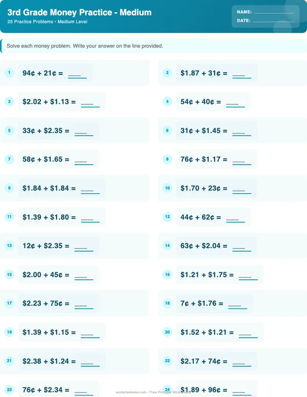 3rd Grade Money Worksheets - Ocean Theme (Medium)