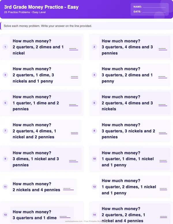 3rd Grade Money Worksheets - Space Theme (Easy)