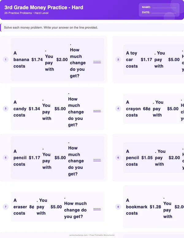 3rd Grade Money Worksheets - Space Theme (Hard)