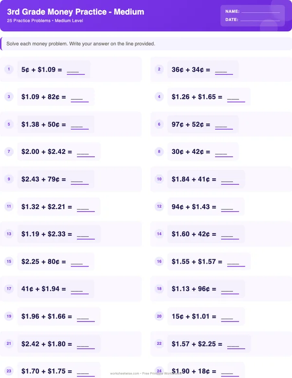 3rd Grade Money Worksheets - Space Theme (Medium)