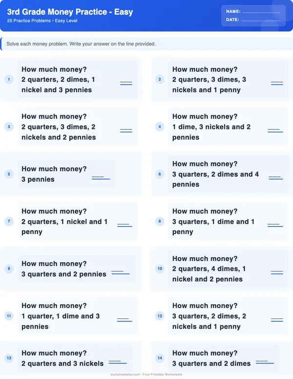 3rd Grade Money Worksheets - Standard Theme (Easy)