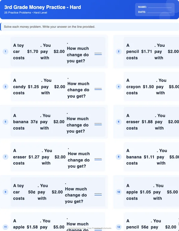 3rd Grade Money Worksheets - Standard Theme (Hard)