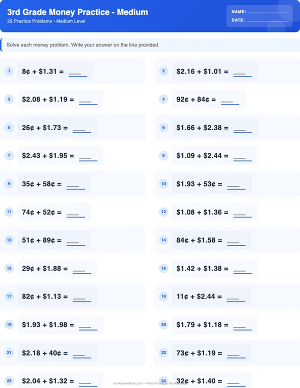 3rd Grade Money Worksheets - Standard Theme (Medium)