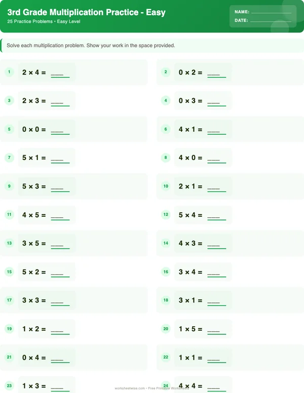 3rd Grade Multiplication Worksheets - Dinosaur Theme (Easy)