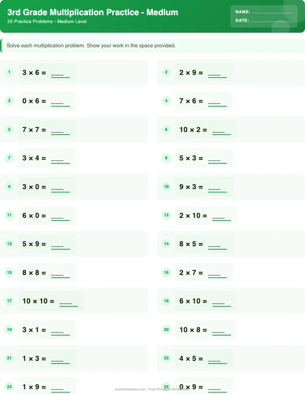 3rd Grade Multiplication Worksheets - Dinosaur Theme (Medium)