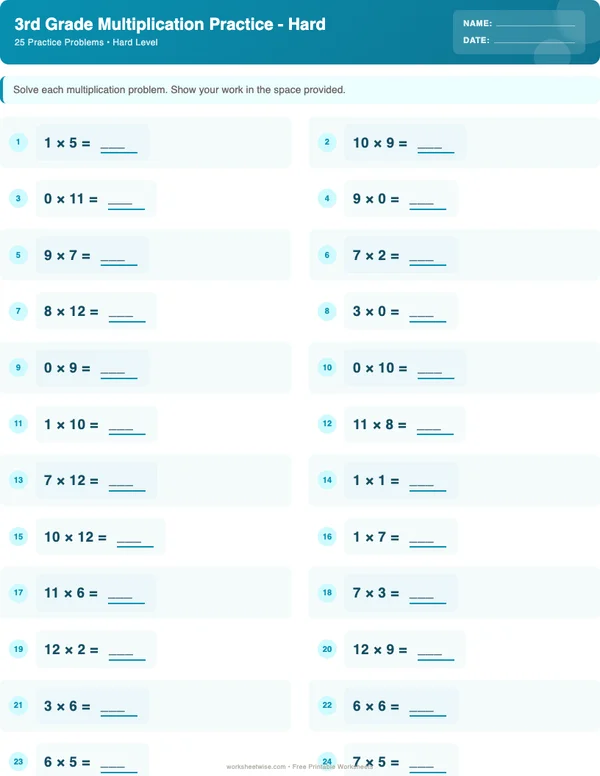 3rd Grade Multiplication Worksheets - Ocean Theme (Hard)
