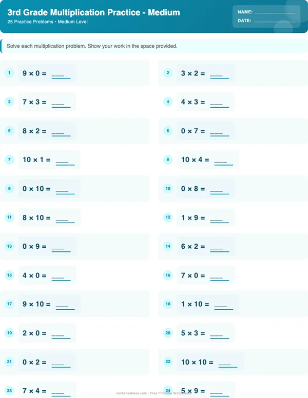 3rd Grade Multiplication Worksheets - Ocean Theme (Medium)