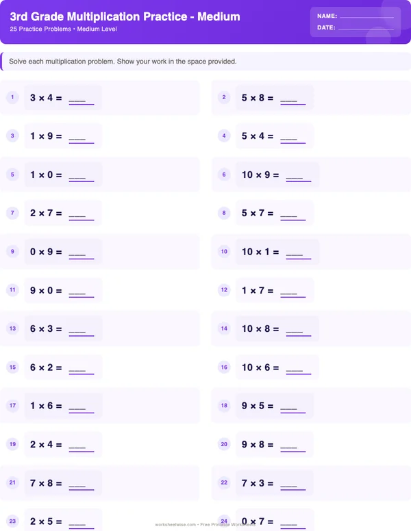 3rd Grade Multiplication Worksheets - Space Theme (Medium)