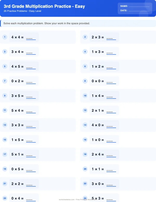 3rd Grade Multiplication Worksheets - Standard Theme (Easy)