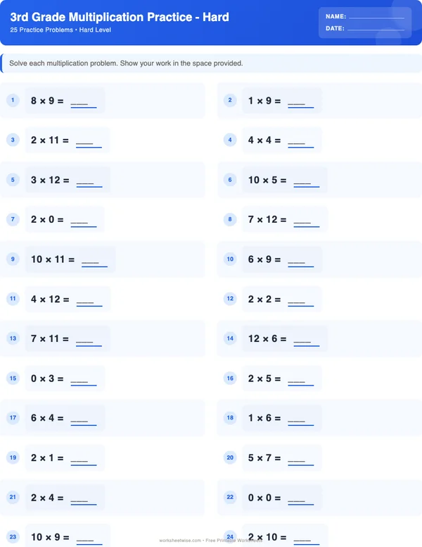 3rd Grade Multiplication Worksheets - Standard Theme (Hard)