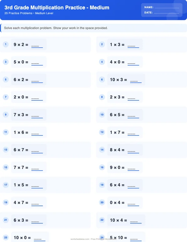 3rd Grade Multiplication Worksheets - Standard Theme (Medium)