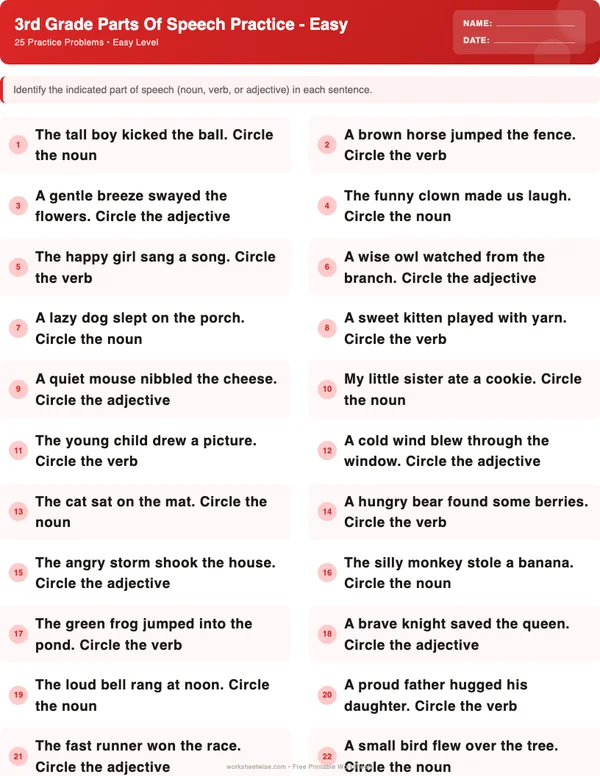 3rd Grade Parts of Speech Worksheets - Christmas Theme (Easy)
