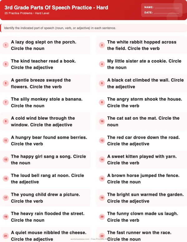 3rd Grade Parts of Speech Worksheets - Christmas Theme (Hard)