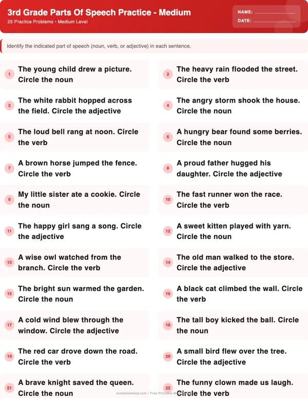 3rd Grade Parts of Speech Worksheets - Christmas Theme (Medium)