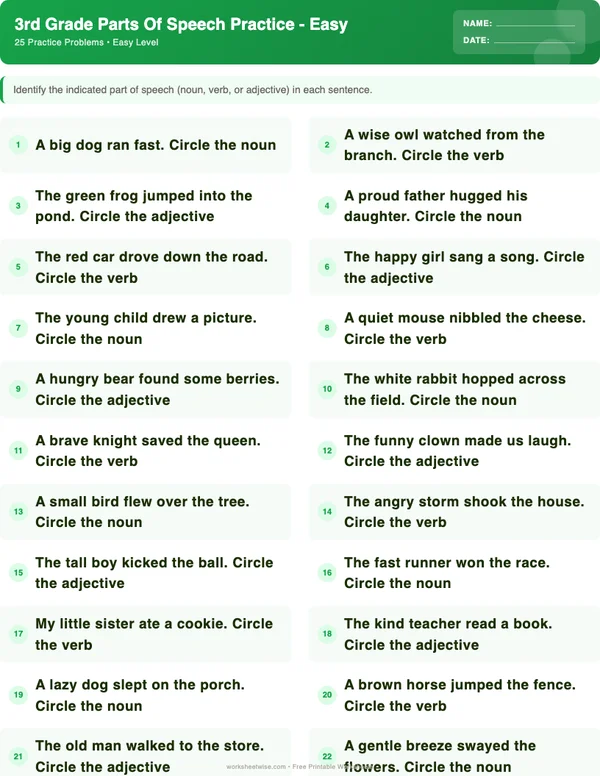 3rd Grade Parts of Speech Worksheets - Dinosaur Theme (Easy)