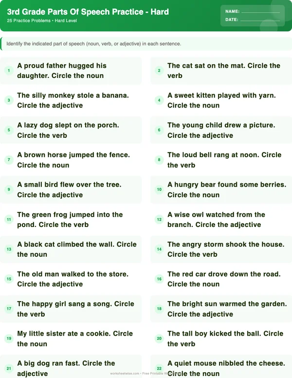 3rd Grade Parts of Speech Worksheets - Dinosaur Theme (Hard)