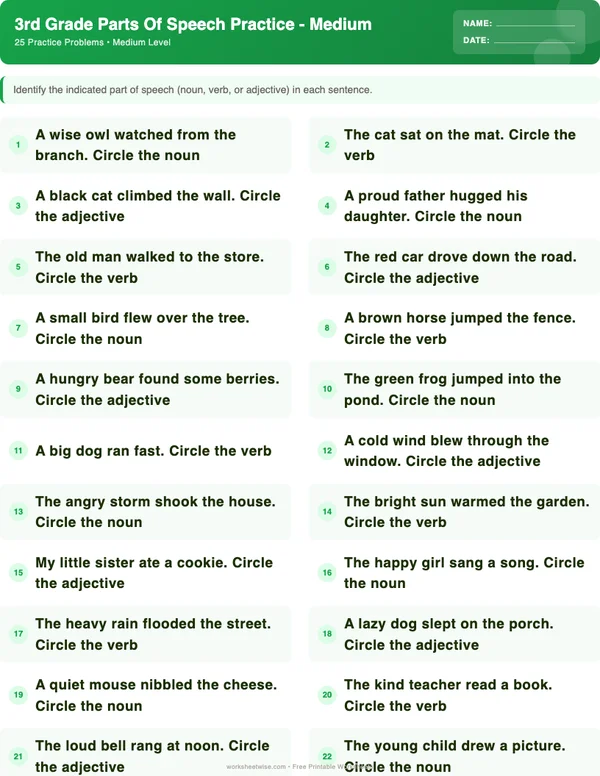 3rd Grade Parts of Speech Worksheets - Dinosaur Theme (Medium)