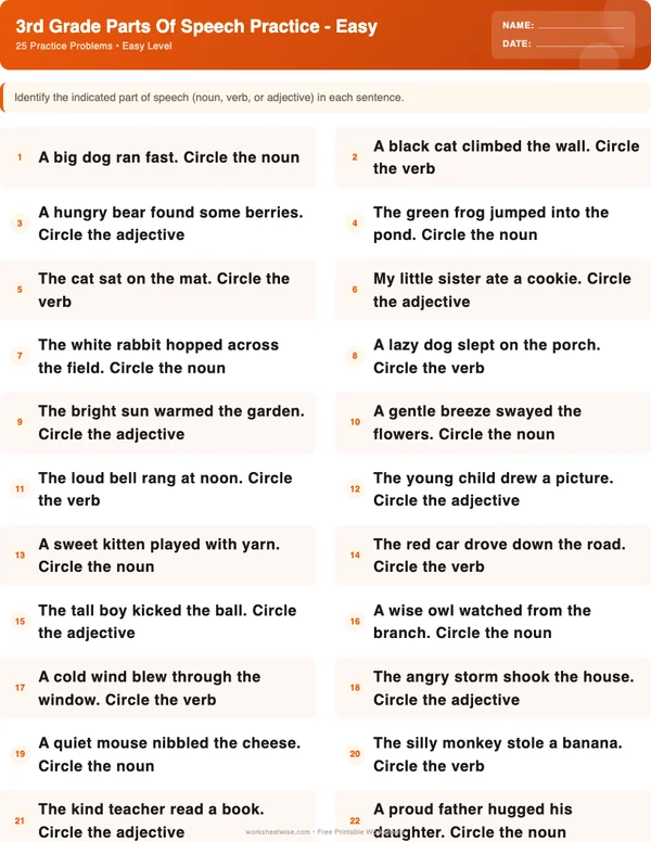 3rd Grade Parts of Speech Worksheets - Halloween Theme (Easy)