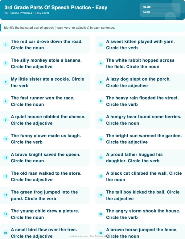 3rd Grade Parts of Speech Worksheets - Ocean Theme (Easy)